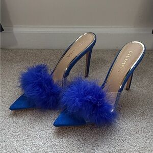 Liliana Blue Feather Pointed Toe Mule Heels Clear Strap Stiletto Size 8.5